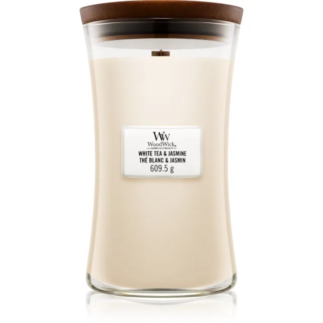 Woodwick White Tea & Jasmine vonná svíčka s dřevěným knotem 609.5 g