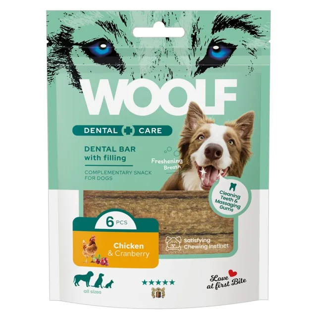 Woolf Dental Bars Chicken &amp; Cranberry 108 g – Kuře s brusinkami pro psy, zubní pamlsek, čištění zubů a svěží dech