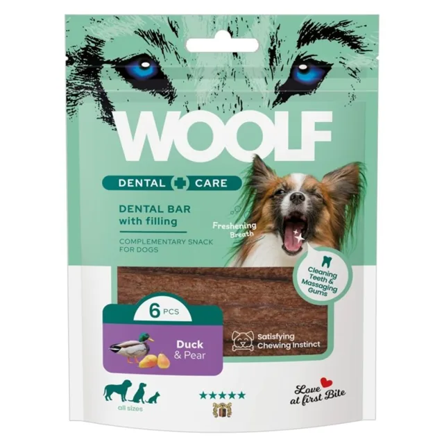 Woolf Dental Bars Duck &amp; Pear 108g Kachna s hruškou pro psy, suchý pamlsek na zoubky