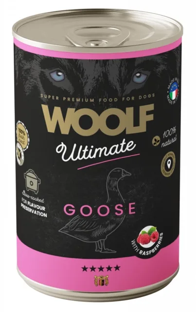 WOOLF Ultimate Adult Dog Goose and Raspberries 400g vlhká krmiva s husím masem a malinami pro psy