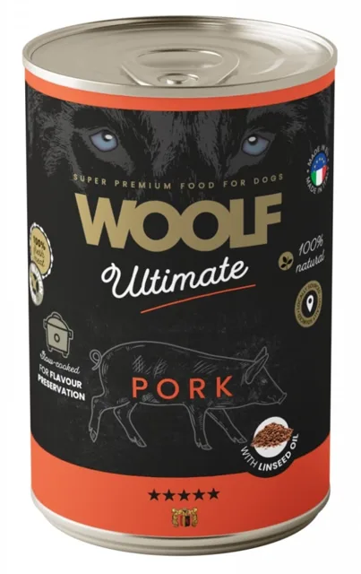 WOOLF Ultimate Adult Dog Pork and Linseed Oil 400g mokré krmivo s vepřovým masem a lněným olejem pro psy