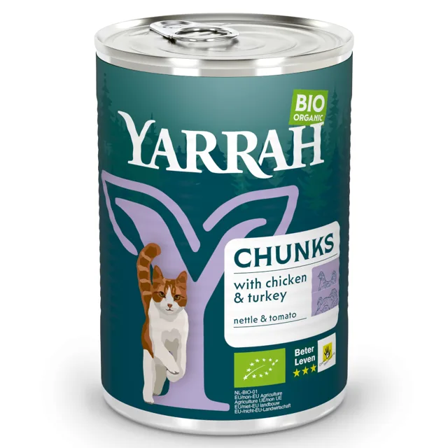Yarrah Bio Chunks 6 ks (6 x 405 g) - bio kuře & bio krocan s bio kopřivou & bio rajčaty v omáčce