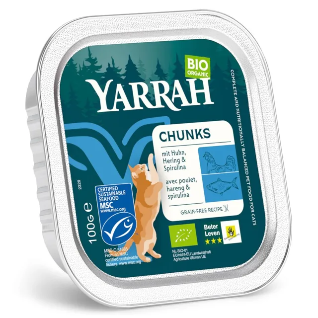 Yarrah Bio kousky 16 x 100 g - bio kuře se sleděm a bio spirulinou