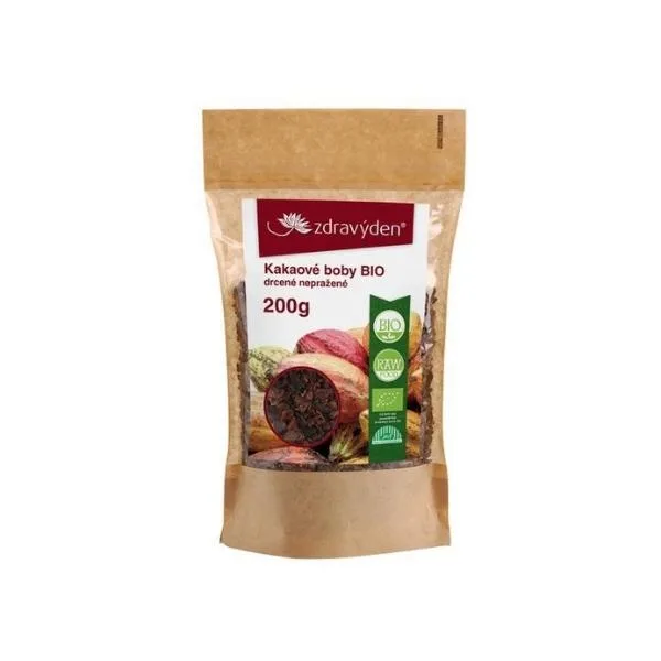Zdravý den Kakaové boby Bio drcené, nepražené, 200 g