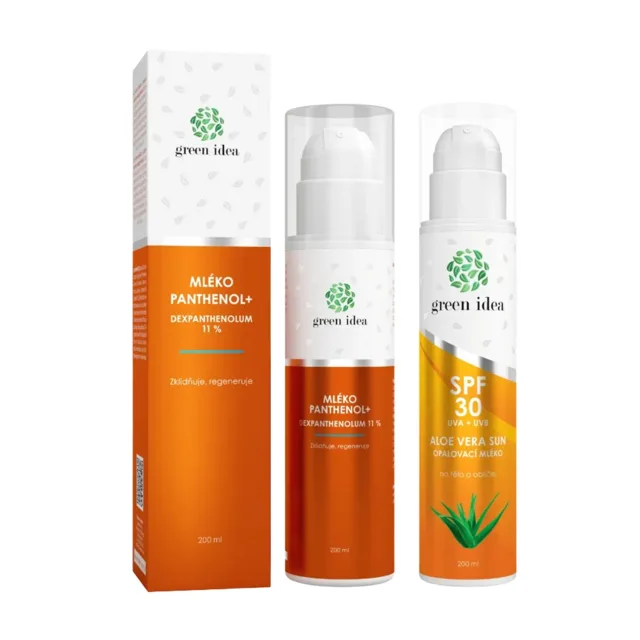 Zvýhodněný set na opalování a po opalování: Aloe vera sun – opalovací mléko SPF 30 + PANTHENOL + MLÉKO 11 % – Green idea