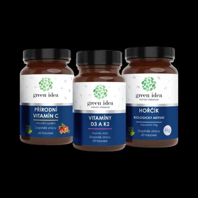 Zvýhodněný set Svaly, kosti a imunita: Hořčík + Vitaminy D3 K2 + Vitamin C – Green idea
