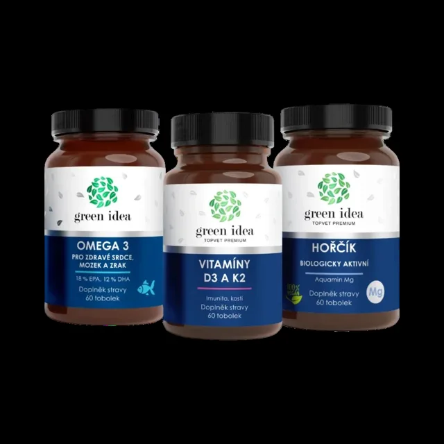 Zvýhodněný set Vitalita: Hořčík + Omega 3 + Vitaminy D3 K2 – Green idea