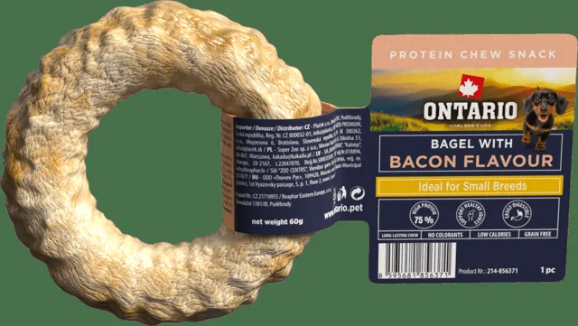 Žvýkací pochoutka Ontario Protein bagel pro malá plemena s příchutí slaniny 8,9 cm