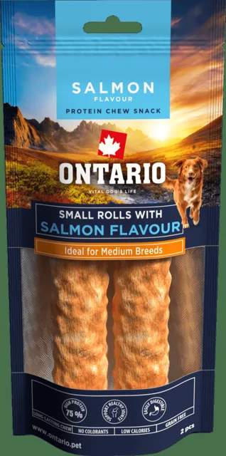 Žvýkací pochoutka Ontario Protein malá rolka pro střední plemena s příchutí lososa 12,7 cm 2 ks