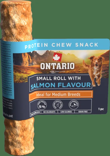 Žvýkací pochoutka Ontario Protein malá rolka pro střední plemena s příchutí lososa 12,7 cm