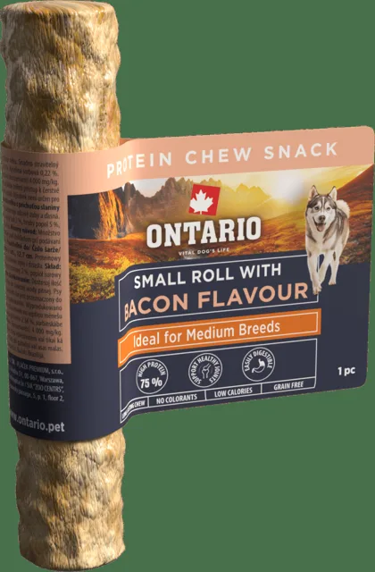 Žvýkací pochoutka Ontario Protein malá rolka pro střední plemena s příchutí slaniny 12,7 cm