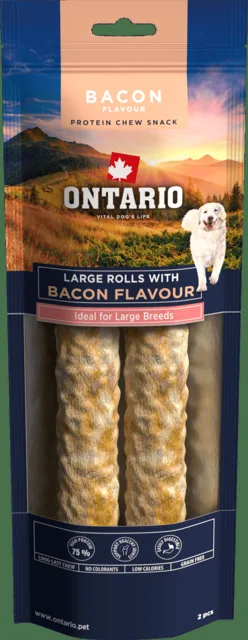 Žvýkací pochoutka Ontario Protein velká rolka pro velká plemena s příchutí slaniny 25,4 cm 2 ks
